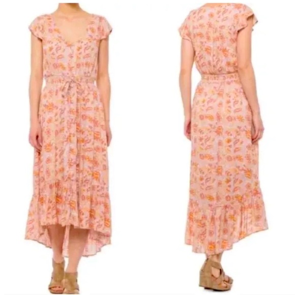 Lucky Brand Boho Floral V-neck High-low Hemline Maxi Dress EUC Size Small - Picture 2 of 7
